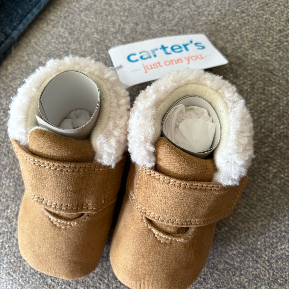 Carter's Tan Faux-Suede Baby Booties with Cream Sherpa